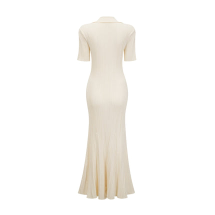 Rose Neutrals Ribbed Knit V-Neck Midi Dress with Button Front and Flap Pockets