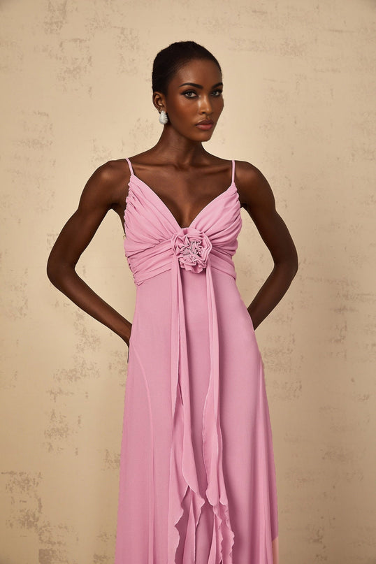 Rose Pink V-Neck Sleeveless Maxi Dress with 3D-Petal Detailing and Ribbon Design