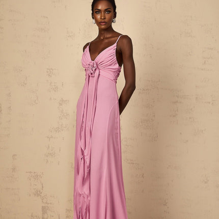 Rose Pink V-Neck Sleeveless Maxi Dress with 3D-Petal Detailing