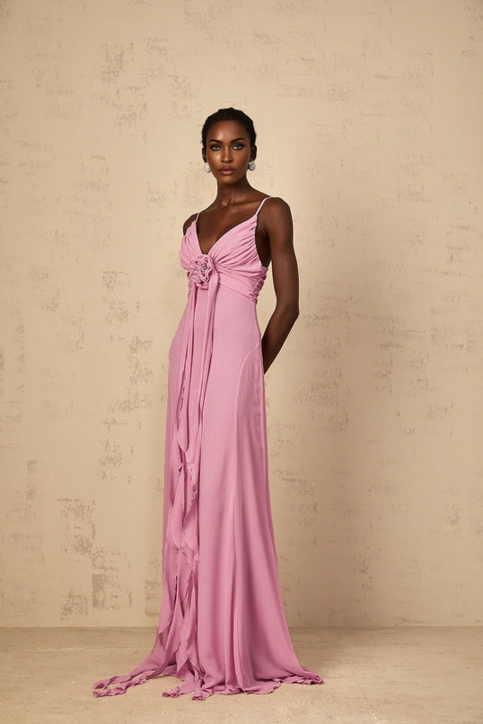 Rose Pink V-Neck Sleeveless Maxi Dress with 3D-Petal Detailing