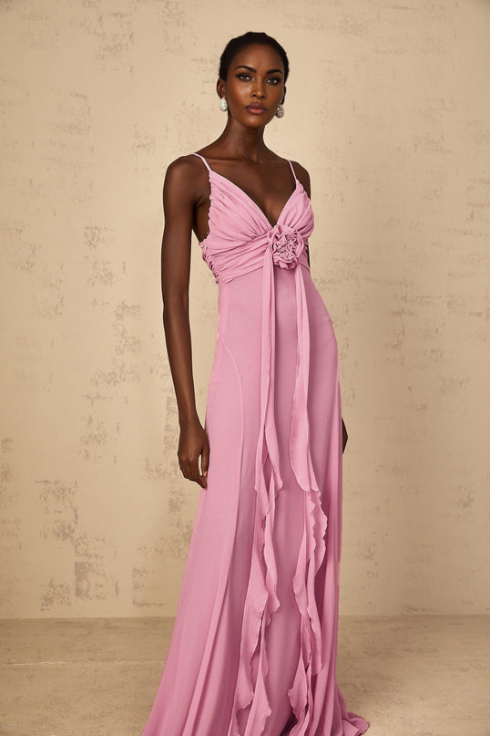 Rose Pink V-Neck Sleeveless Maxi Dress with 3D-Petal Detailing and Ribbon Design