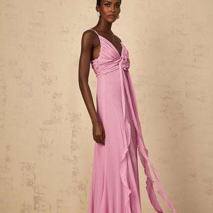 Rose Pink V-neck Sleeveless Maxi Dress with 3D Petal Detailing and Ribbon Design