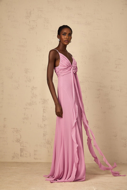 Rose Pink V-neck Sleeveless Maxi Dress with 3D Petal Detailing and Ribbon Design