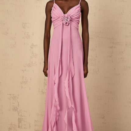 Rose Pink V-Neck Sleeveless Maxi Dress with Tulle and 3D-Petal Detailing