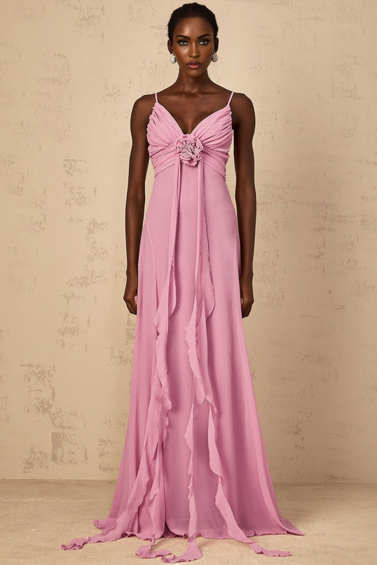 Rose Pink V-Neck Sleeveless Maxi Dress with Tulle and 3D-Petal Detailing