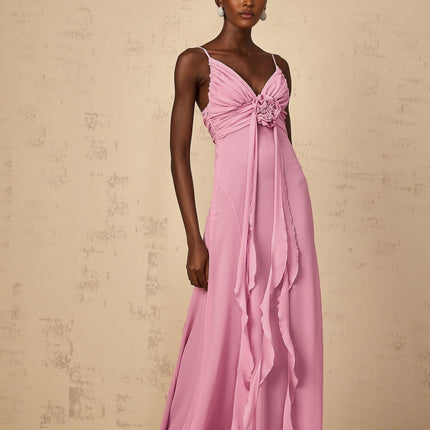 Rose Pink V-Neck Sleeveless Maxi Dress with 3D-Petal Detailing and Ribbon Design