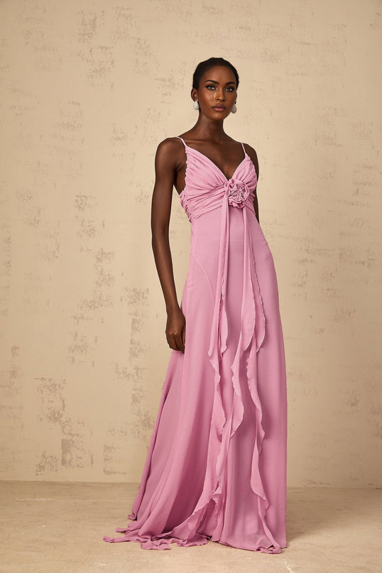 Rose Pink V-Neck Sleeveless Maxi Dress with 3D-Petal Detailing and Ribbon Design