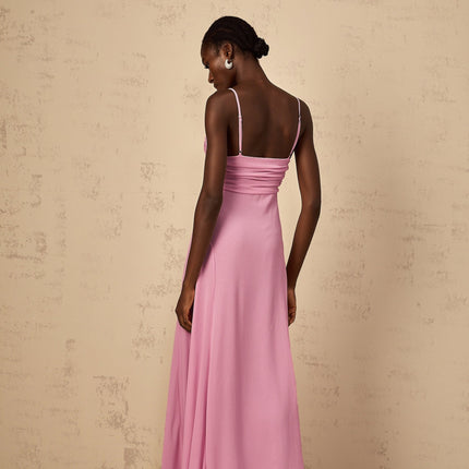Rose pink V-neck sleeveless maxi dress with 3D-petal detailing and ribbon design