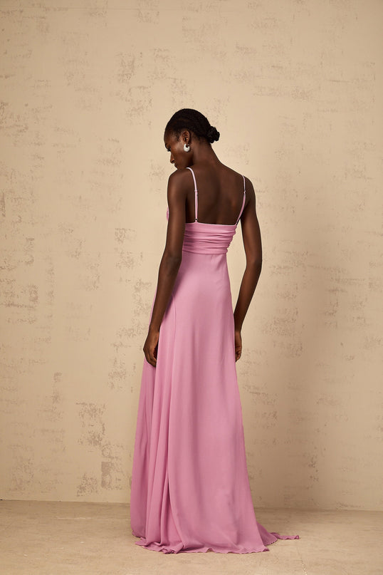 Rose pink V-neck sleeveless maxi dress with 3D-petal detailing and ribbon design