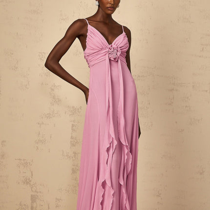 Rose Pink V-Neck Sleeveless Maxi Dress with 3D-Petal Detailing and Ribbon Design