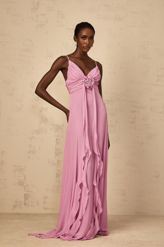 Rose Pink V-Neck Sleeveless Maxi Dress with 3D-Petal Detailing and Ribbon Design