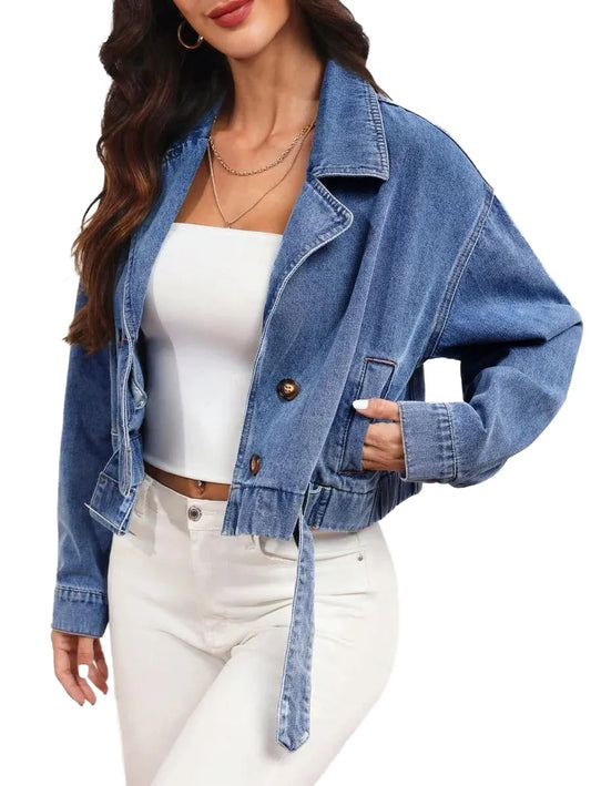 ROSE Women Distressed Lapel Double Breasted Long Sleeve Casual Denim Jacket