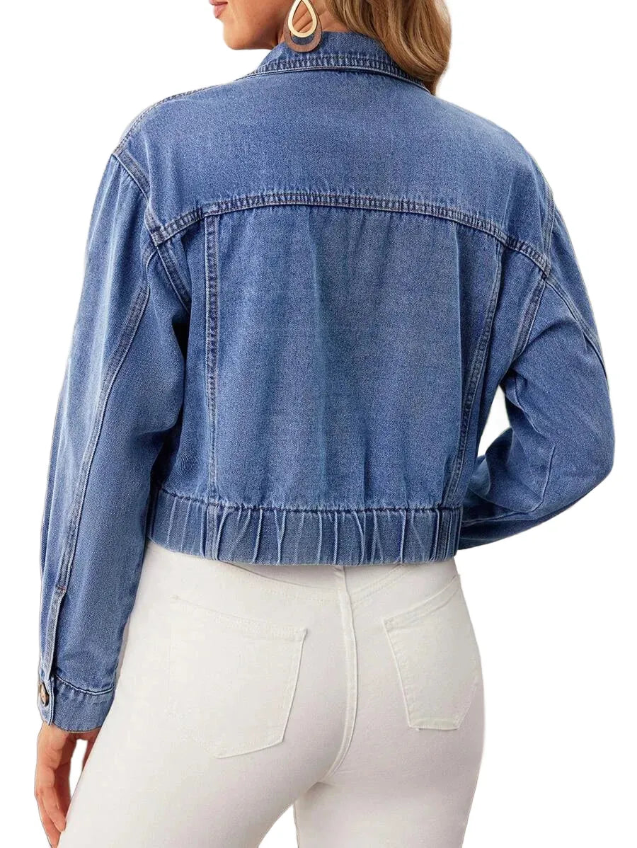 ROSE Women Distressed Lapel Double Breasted Long Sleeve Casual Denim Jacket