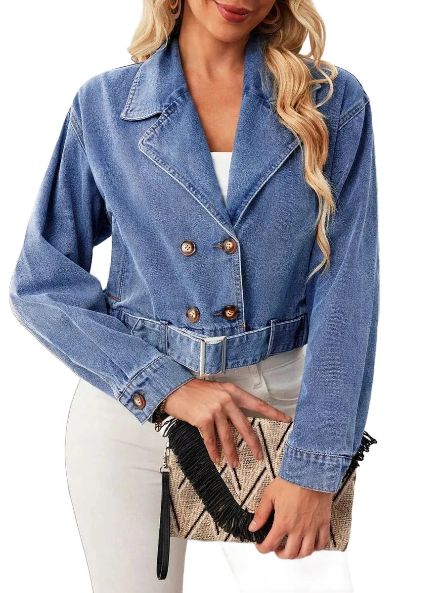 ROSE Women Distressed Lapel Double Breasted Long Sleeve Casual Denim Jacket