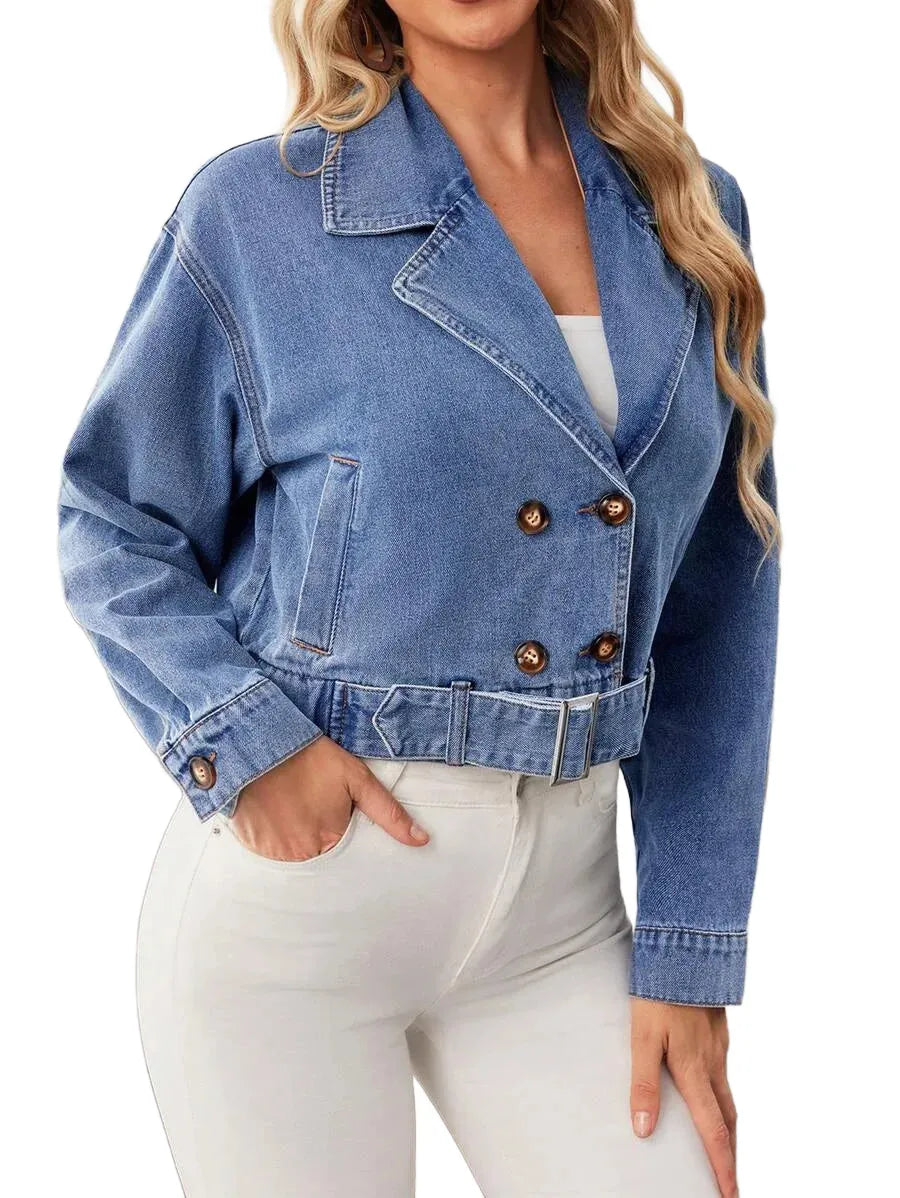 ROSE Women Distressed Lapel Double Breasted Long Sleeve Casual Denim Jacket