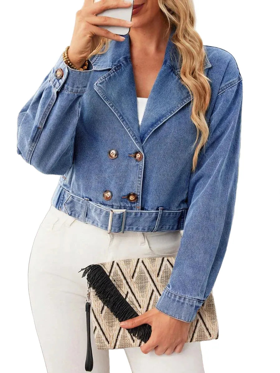 ROSE Women Distressed Lapel Double Breasted Long Sleeve Casual Denim Jacket