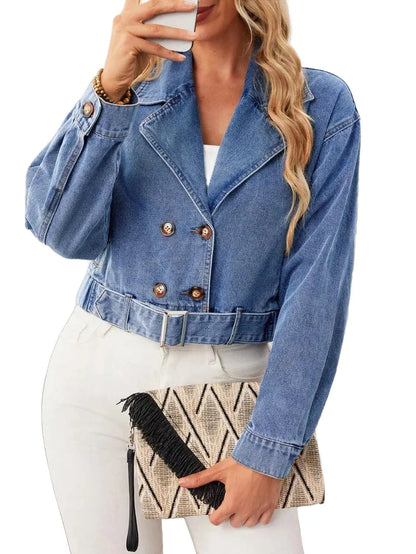 ROSE Women Distressed Lapel Double Breasted Long Sleeve Casual Denim Jacket