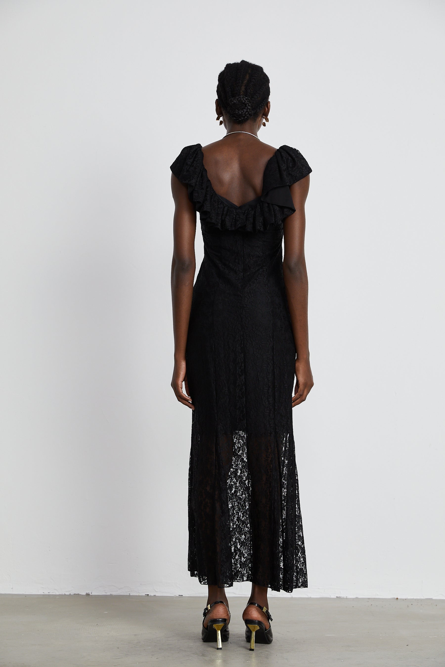 Roseline ruffledtrim florallace gown