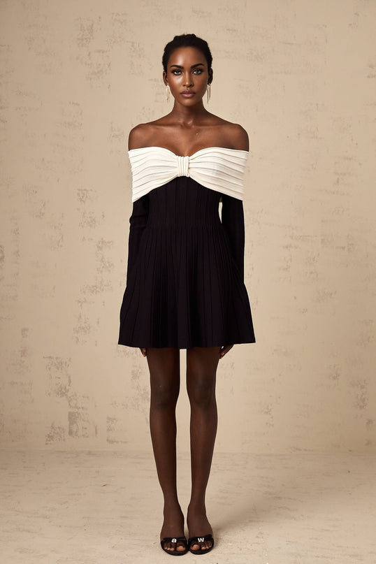 Rosetta Black and White Mini Dress with Bow Detailing