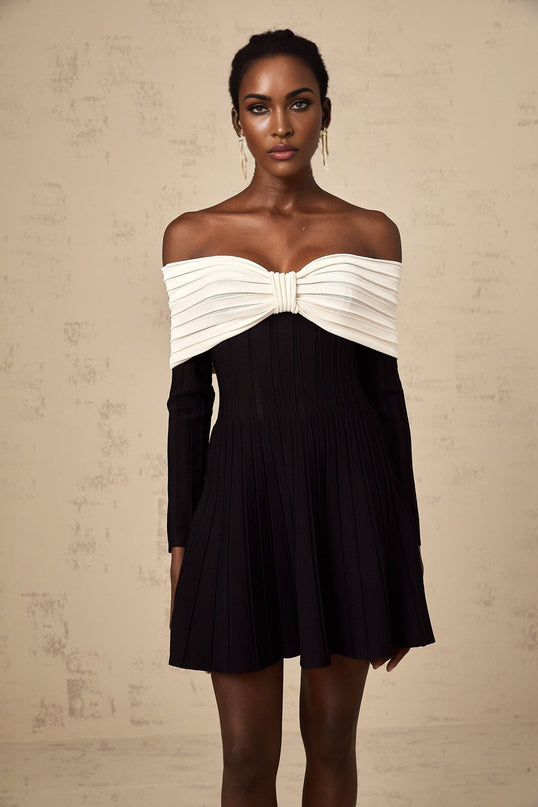 Rosetta Black and White Mini Dress with Bow Detailing