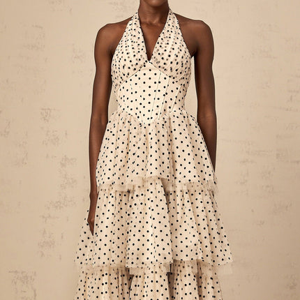 Rosetta Midi Dress in Ivory White & Black Tulle Polka Dot Print Halterneck Boned Bodice Shirred Panel Tiered Skirt Lined 100% Terylene