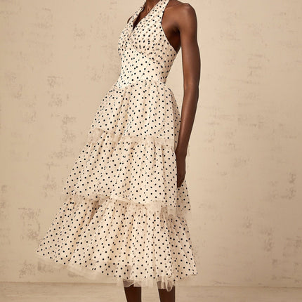 Rosetta Midi Dress in Ivory White & Black Tulle Polka Dot Print Halterneck Boned Bodice Tiered Skirt