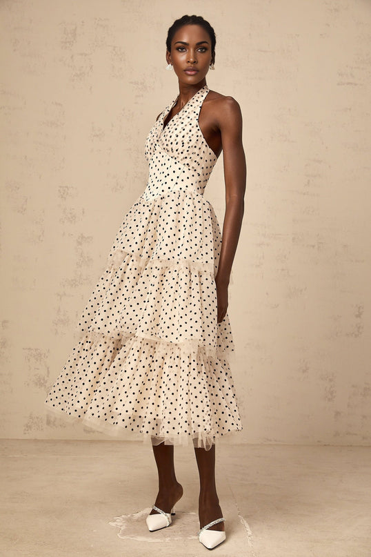 Rosetta Midi Dress in Ivory White & Black Tulle Polka Dot Print Halterneck Boned Bodice Tiered Skirt