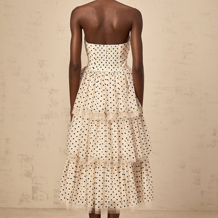 Rosetta Midi Dress in Ivory White & Black tulle polka-dot print halterneck boned bodice chest pads shirred panel tiered skirt neck button rear zip fastening lined 100% Terylene premium quality timeless style