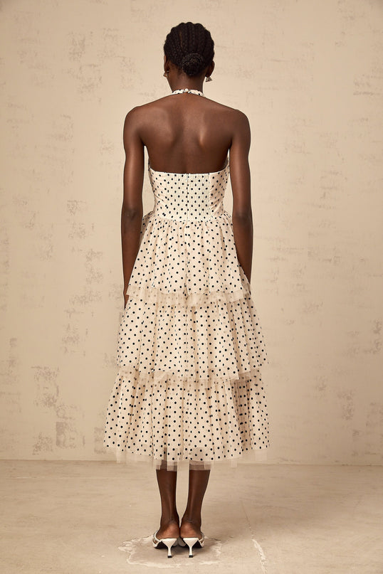 Rosetta Midi Dress in Ivory White & Black tulle polka-dot print halterneck boned bodice chest pads shirred panel tiered skirt neck button rear zip fastening lined 100% Terylene premium quality timeless style