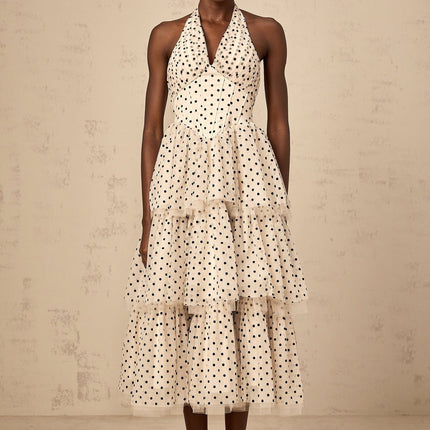 Rosetta Midi Dress in Ivory White & Black tulle polka-dot print sleeveless halterneck boned bodice shirred panel tiered skirt lined 100% Terylene