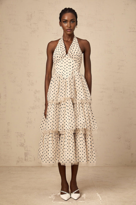 Rosetta Midi Dress in Ivory White & Black tulle polka-dot print sleeveless halterneck boned bodice shirred panel tiered skirt lined 100% Terylene