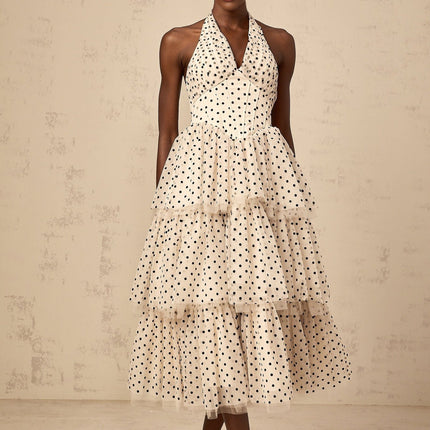 Rosetta Midi Dress in Ivory White & Black tulle polka-dot print halterneck boned bodice shirred panel tiered skirt lined 100% Terylene
