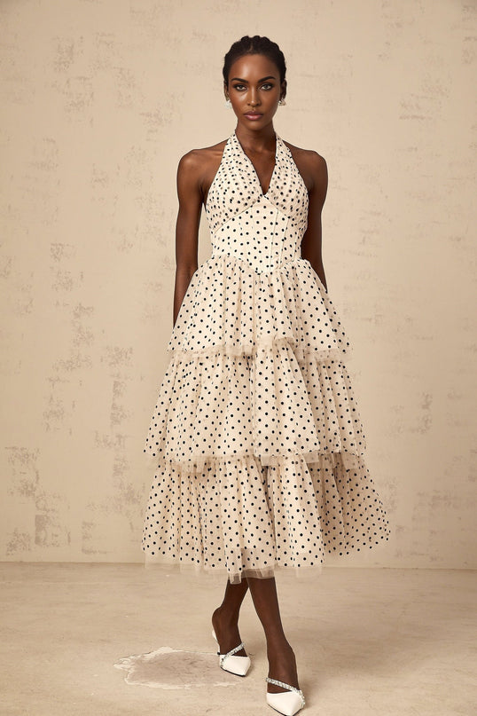 Rosetta Midi Dress in Ivory White & Black tulle polka-dot print halterneck boned bodice shirred panel tiered skirt lined 100% Terylene