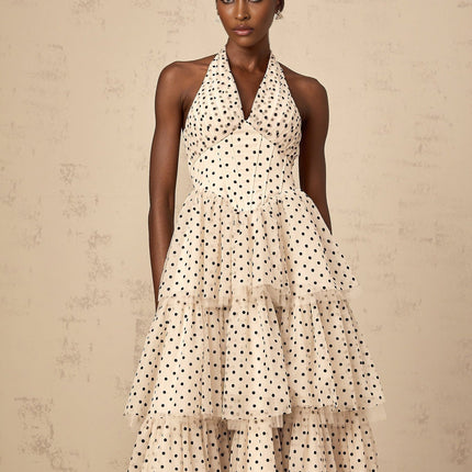 Rosetta Midi Dress in Ivory White & Black Tulle Polka Dot Halterneck Boned Bodice Shirred Panel Tiered Skirt Lined 100% Terylene