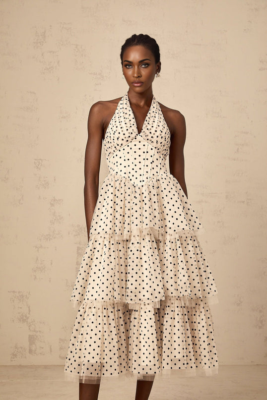 Rosetta Midi Dress in Ivory White & Black Tulle Polka Dot Halterneck Boned Bodice Shirred Panel Tiered Skirt Lined 100% Terylene