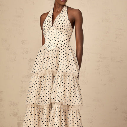 Rosetta Midi Dress in Ivory White & Black Tulle Polka Dot Sleeveless Halterneck Boned Bodice Shirred Panel Tiered Skirt Lined 100% Terylene