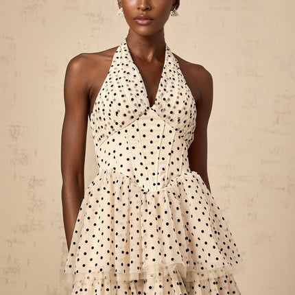 Rosetta Midi Dress in Ivory White & Black Tulle Polka Dot Print Halterneck Boned Bodice Shirred Panel Tiered Skirt Lined 100% Terylene