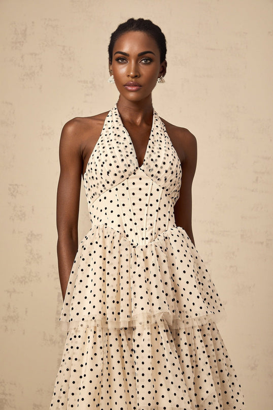 Rosetta Midi Dress in Ivory White & Black Tulle Polka Dot Print Halterneck Boned Bodice Shirred Panel Tiered Skirt Lined 100% Terylene