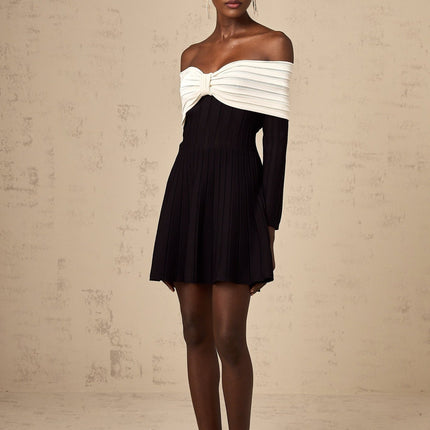 Rosetta Black and White Off-the-Shoulder Mini Dress with Bow Detailing