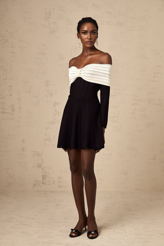 Rosetta Black and White Off-the-Shoulder Mini Dress with Bow Detailing