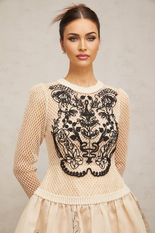 Rosetta Mini Dress Neutrals Mesh Floral Appliqué Jacquard Weave Terylene Fiber