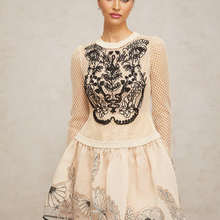 Rosetta Mini Dress Neutrals Mesh Floral Appliqué Jacquard Weave Terylene fiber