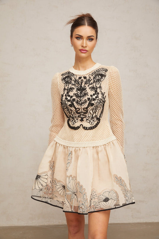 Rosetta Mini Dress Neutrals Mesh Floral Appliqué Jacquard Weave Terylene fiber