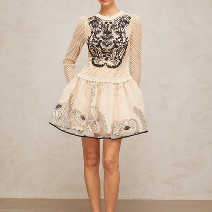 Rosetta Mini Dress Neutrals Mesh Floral Appliqué Jacquard Weave
