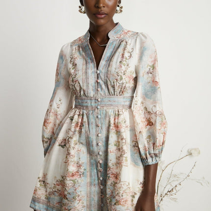 Rosetta White Blue Floral Print Mini Dress with Long Sleeves and Cinched Waist