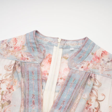 Rosetta White Blue Floral Mini Dress Long Sleeve Cinched Waist V-Neck Front Button Fastening 100% Mixed Linen Elegant Day-to-Night Modern Woman Refined Aesthetics
