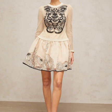Rosetta Neutrals Mesh Floral Appliqué Mini Dress in Jacquard Weave