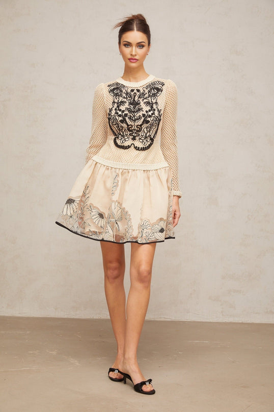 Rosetta Neutrals Mesh Floral Appliqué Mini Dress in Jacquard Weave