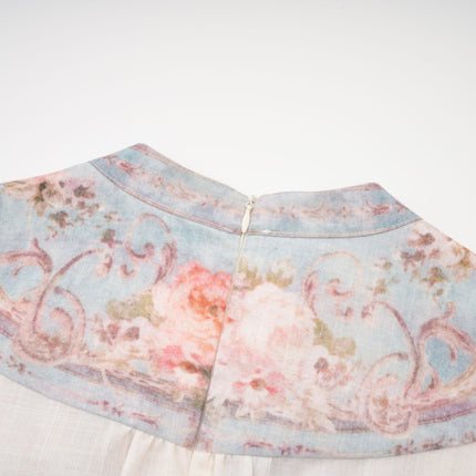 Rosetta White Blue Floral Mini Dress with Long Sleeves and Cinched Waist