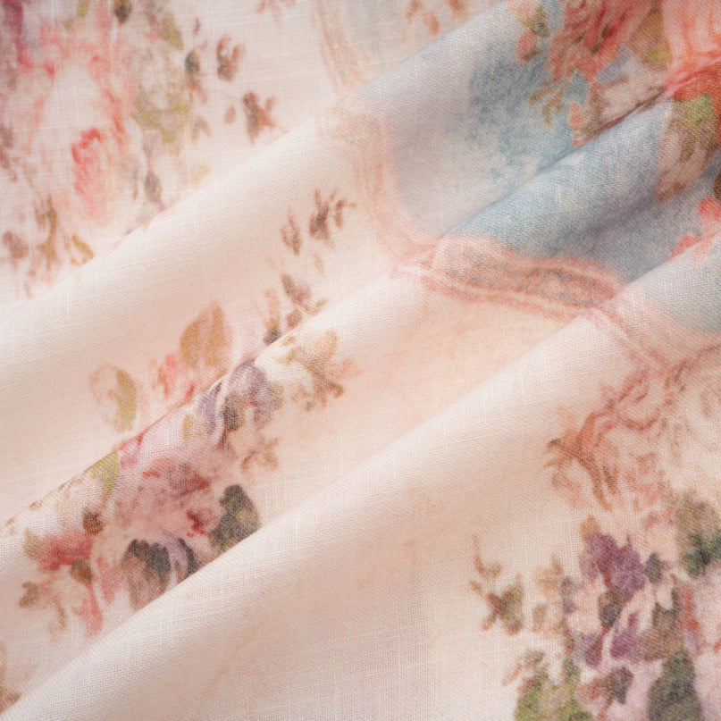 Rosetta White Blue Floral Print Mini Dress with V-Neckline and Cinched Waist